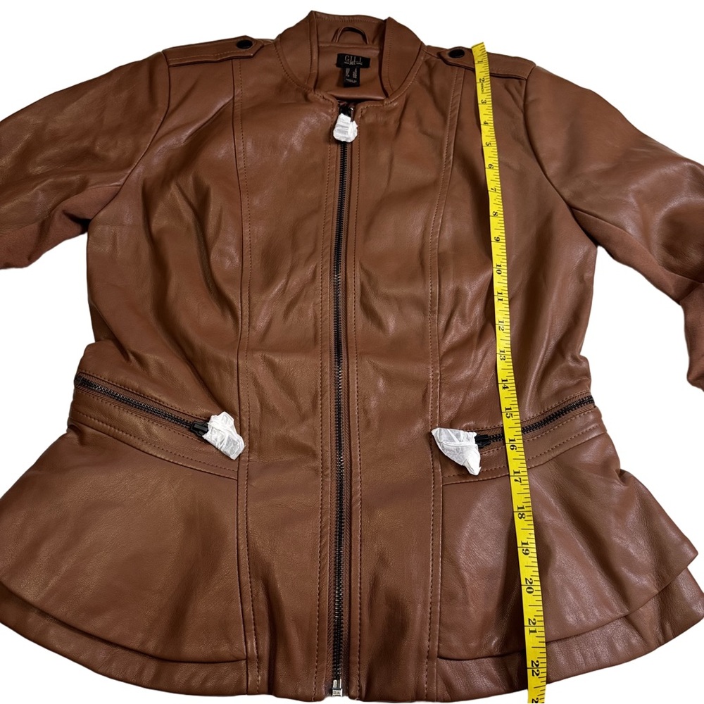GILI British Tan Leather Peplum Jacket Coat 
Size 2  Zip Front and Sleeves NWT - Picture 14 of 17